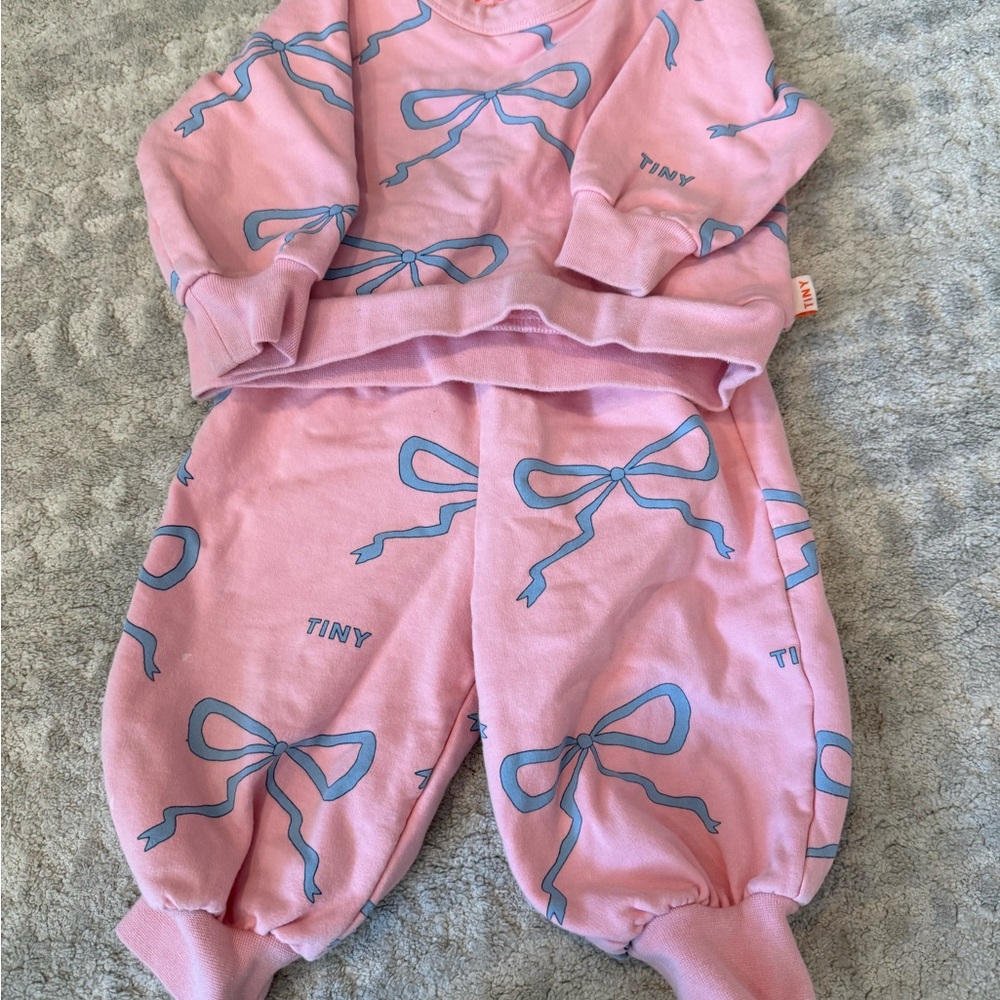Tiny Cottons Kids Pink Sweatsuit Jogger Set with Blue Bows, 12-18 months